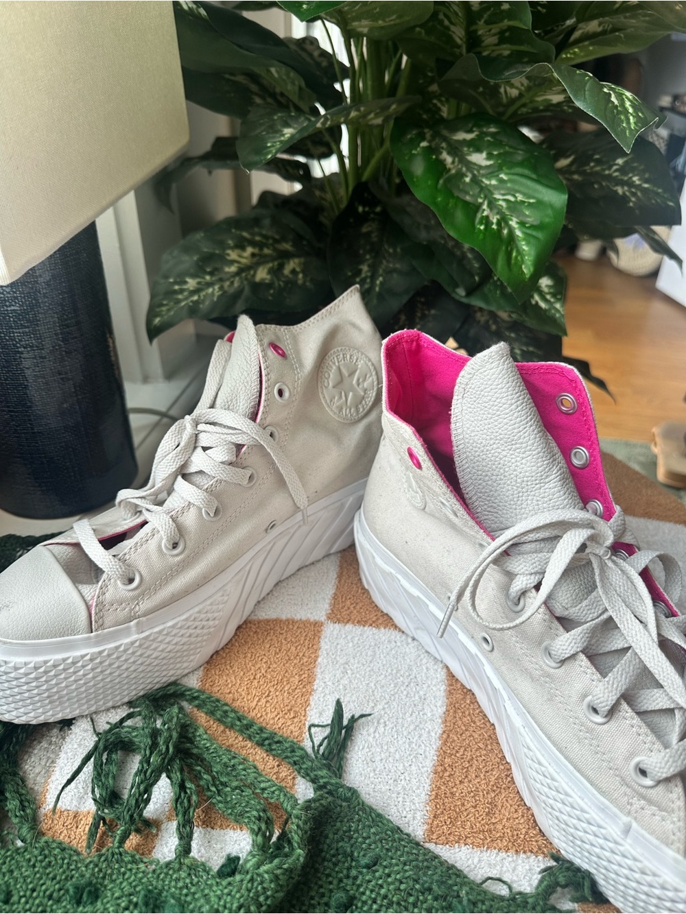 Converse Beige High-Top Platform Sneakers with Pink Lining